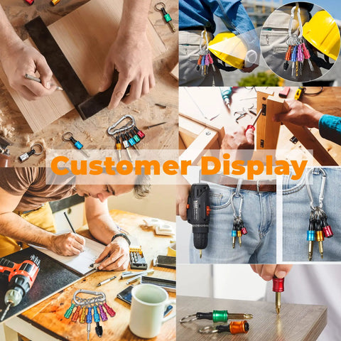 Six Color Drill Extension Bit Holder That Keeps All Your Bits In One Handy Clip With A One Quarter Inch Hex Shank Aluminum Alloy Build Screwdriver Bits Holder Extension Bar Drill Adapter Perfect Portable Gift For Men in use by various individuals demonstrating its portable and practical features.