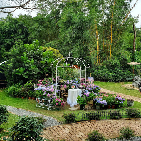 Birdcage Garden Arch Arbor 9 Ft High By 6.8 Ft Wide White Metal Gazebo With Anti Rust Wrought Iron Frame in a lush garden setting