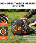 Multi Sided Archery Target Block With Self Healing XPE Foam Core shown on grass with arrows and user interaction.