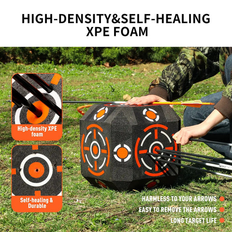 Multi Sided Archery Target Block With Self Healing XPE Foam Core shown on grass with arrows and user interaction.