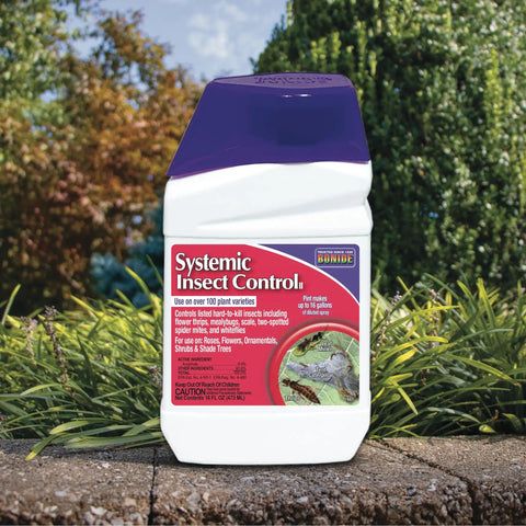 Systemic Insect Control Concentrate for Outdoor Lawn and Garden, Fast Acting Insecticide bottle in garden setting