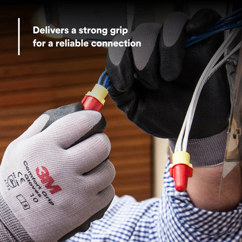 Worker using Performance Plus Red Yellow Wire Connector Jug Of 500, Flexible Steel Spring Copper for 22-8 AWG, solid connection.
