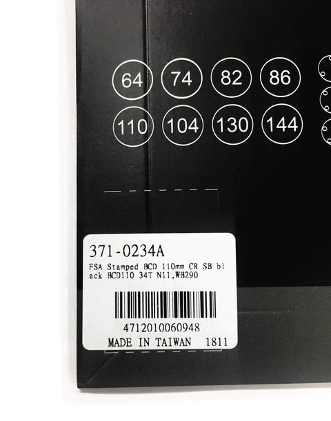 Pro Road 110X34T Chain Ring For 10 Speed Drivetrains packaging with sizing chart and barcode label
