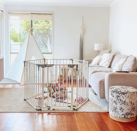 Royale Converta 3 In 1 Play Yard And 151 Inch Wide Baby Gate, 6 configurable panels, child in playpen