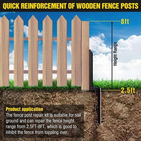 Beefy Heavy Duty Steel Fence Post Repair Stake With Ground Anchor Screws In H Shape Design shown in fence illustration