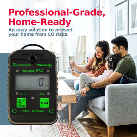 Sensorcon Inspector Industrial Pro portable carbon monoxide detector with digital display and green buttons, front view