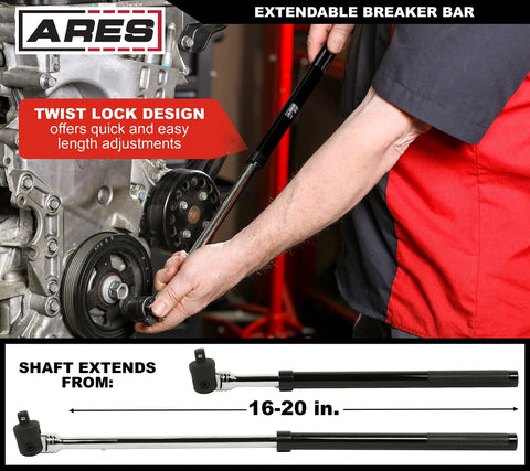 Mechanic using Extendable 1/2 Inch Drive Black Breaker Bar With Twist Lock Telescoping 16 To 24 Inch Reach on engine.