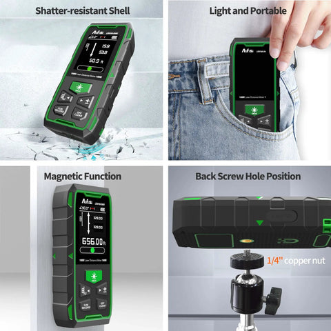 Dual Laser Distance Meter With 656 Feet Range, Rechargeable, Six Measurement Units In Feet, Inches, And Meters, LCD Display, Measures Length, Area, Volume And Angle With One Eighth Inch Accuracy, Bidirectional And Unidirectional Modes, black and green