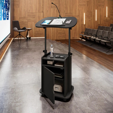 Adjustable Laptop Cart With Storage Rolling Mobile Workstation Desk With Cabinet Shelf And Locking Wheels in classroom