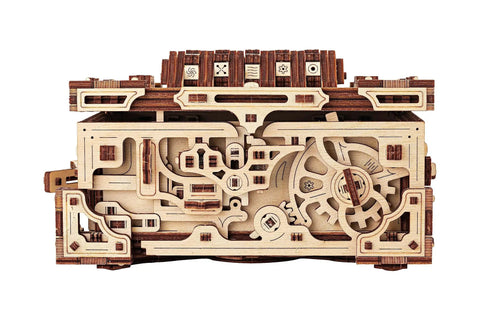 Enigma Chest 3D Wooden Puzzle Box For Adults To Build Natural Wood Escape Room Challenge With 504 Pieces No Glue Required Codes And Secret Locks Stress Relief Brain Teaser, front view