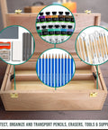 Durable Wooden Art Box With Locking Clasps And Removable Tray, Multi Function Tool Organizer for supplies, open view with contents.