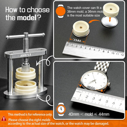 How to choose the correct mold size using Watch Press Tool Set Back Case Closer For Closing The Back Cover And Battery Replacement Opener Remover Repair Kit For Round Dial Watches 22mm Through 42mm Pry Opening Case Back
