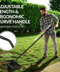 Person using Wide 30 By 10 Inch Lawn Leveling Rake With Heavy Duty Alloy Steel Frame And 78 Inch Handle on grass