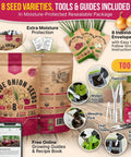 Indoors Or Outdoors Onion Seed Variety Pack Heirloom Non GMO Eight Varieties With 2200 Seeds Including Walla Walla Green Onion Red Burgundy White And Yellow Sweet Spanish Onions Tokyo Long White Scallion Violet De Galmi White Grano PRR Eclipse L303 packaging with tools and guides