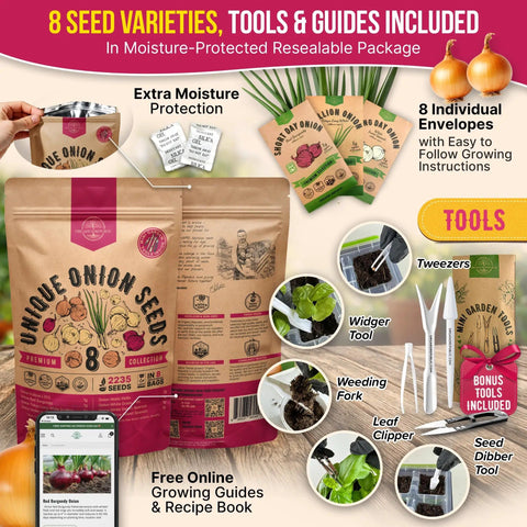 Indoors Or Outdoors Onion Seed Variety Pack Heirloom Non GMO Eight Varieties With 2200 Seeds Including Walla Walla Green Onion Red Burgundy White And Yellow Sweet Spanish Onions Tokyo Long White Scallion Violet De Galmi White Grano PRR Eclipse L303 packaging with tools and guides
