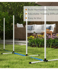 Two Piece Dog Agility Training Equipment Set With Water Spray Tube And Weave Poles in backyard, white poles on green grass