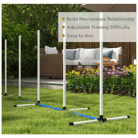 Two Piece Dog Agility Training Equipment Set With Water Spray Tube And Weave Poles in backyard, white poles on green grass
