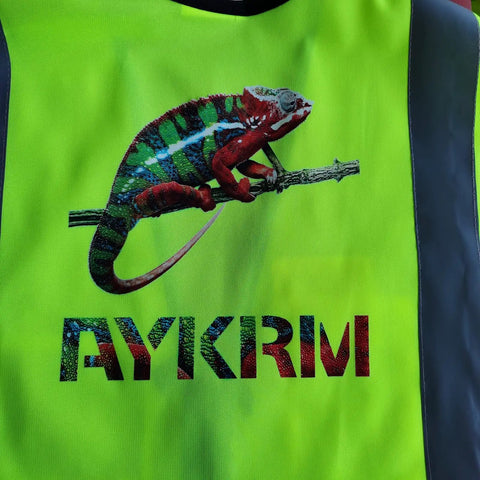 Premium Bright Orange Custom Printed Kids Reflective Vest High Visibility Safety Gear For School Run With Slick Adjustable Straps That Make Your Custom Print Look Absolutely Dope featuring colorful chameleon design.