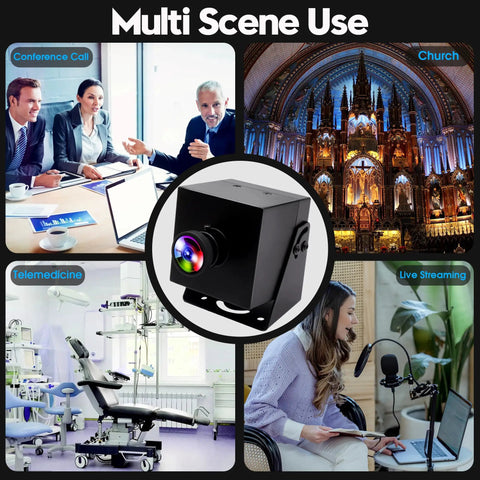 Rock Solid 4K UVC Web Cam With USB And HDMI Dual Screen Output For PC Monitors And Streaming Rigs shown in multi-scene use for streaming, telemedicine, and conferences.
