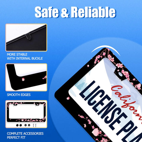 Dope Floral Pink License Plate Frame Stainless Steel With Screws Fits Standard US Plates 12.3 X 6.3 Inches Cherry Blossom Design
