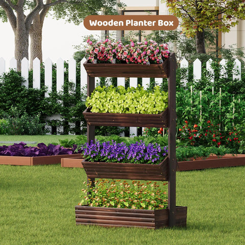 Wooden Raised Garden Bed Vertical Planter Box, Freestanding Plant Stand For Indoor And Outdoor Use, Four-Tier Carbonized Design