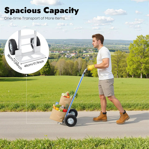 Heavy Duty Aluminum Hand Truck Dolly With 500 Lbs Capacity, Beefed Up Alloy Hand Cart For Moving Boxes And Equipment, Rugged Rust Resistant Design For Worksites, man hauling groceries