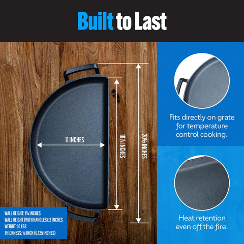 Slow N Sear Cast Iron Drip N Griddle Pan 22 Inch 3 In 1 Grill Accessory dimensions and features for Weber kettle grills.