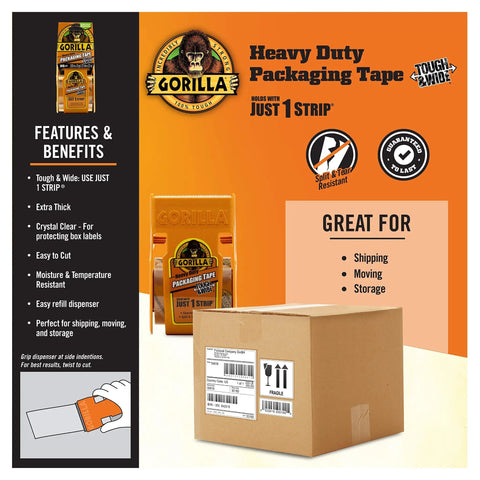 Ultra Thick And Wide Packing Tape With Dispenser For Moving Shipping And Storage Tough As Nails Crystal Clear 2.83 Inch By 35 Yard Tape Six Roll Pack Easy To Cut Smooth Quiet Dispensing Moisture And Temperature Resistant packaging with box