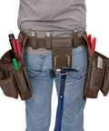 Person wearing 14 Pocket Framer Tool Belt Set With Tough As Nails Pro Grade Full Grain Leather, Rivet Reinforced Corners