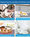Collage showing 26 By 14 Inch Flexible Silicone Sink Mat with non-slip grid in various kitchen uses, protecting dishes and counters.