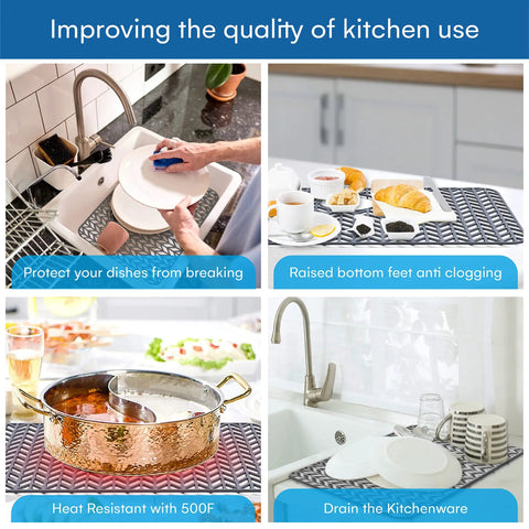 Collage showing 26 By 14 Inch Flexible Silicone Sink Mat with non-slip grid in various kitchen uses, protecting dishes and counters.