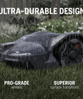 Automower 410iQ Robotic Lawn Mower for 0.5 Acre Yards Wire Free Smart Mower, shown on wet grass under rain, highlighting durability.