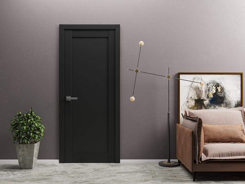 Lite Slab Barn Door Panel 42 X 96 Inches Matte Black With Solid Pine And Eco Veneer Finish installed in modern room interior
