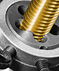 Close-up of M14 X 1.0 Left Hand Thread Die Pro Grade Heavy Duty Alloy Tool Steel in metal threading process