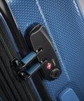 Close-up of TSA lock on Lightweight 3-Piece Polycarbonate Spinner Suitcase Set With 4 Smooth Spinner Wheels, Lagoon by Samsonite Swerv DLX.
