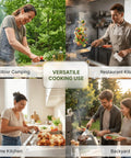 People cooking in different settings using Stainless Steel Griddle Spatula Set of 3 With Scraper Heavy Duty Spatulas for Cast Iron Grill and Flat Top BBQ and Skillet Pan Pro Grade Chef Quality Commercial Kitchen Tools, including outdoor camping, restaurant kitchen, home kitchen, and backyard BBQ.