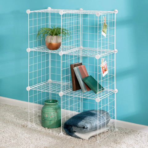 Six Cube White Storage Organizer Set With Mesh Panels Easy No Tool Assembly displaying books and decor items in a room setting.