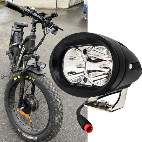 Beast Bright White LED E Bike Headlight 6000K for Rad Power Bikes with Mounting Hardware, attached to a black e-bike frame.