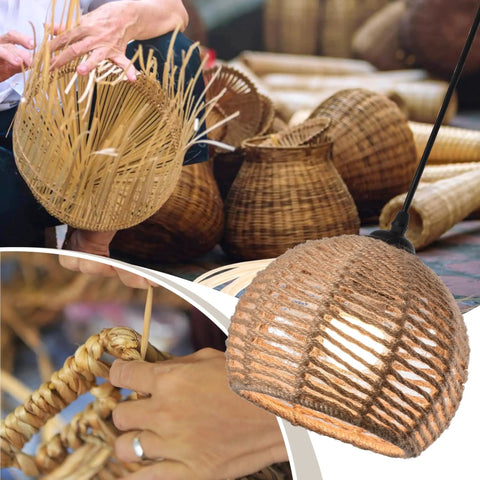 Artisan weaving rustic farmhouse hemp rope rattan dome chandelier, Boho Woven Pendant Light, for dining room foyer