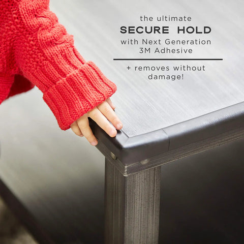 Tot Friendly Corner And Edge Guard Protector Set Includes Sixteen Pre Taped Furniture Bumpers For Tables And Counters Brown showing child touching edge guard.
