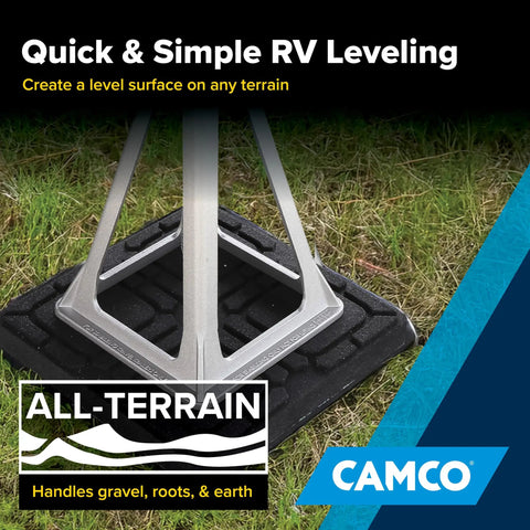 Universal RV Flex Leveling Pads Support For Jacks And Stabilizers Anti Sink Design Keeps Your Camper Solid On Soft Dirt Or Grass Setup Makes Leveling A Sweet Breeze With Eight Point Five Inch Square Base on grass.