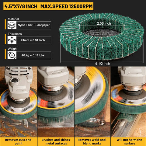 Ten Piece 120 And 240 Grit Scour Flap Discs For Metal Grinding And Rust Removal Four And A Half Inch Coarse Polishing Wheels For Angle Grinder Nylon Flap Sanding Pads with angle grinder action shot