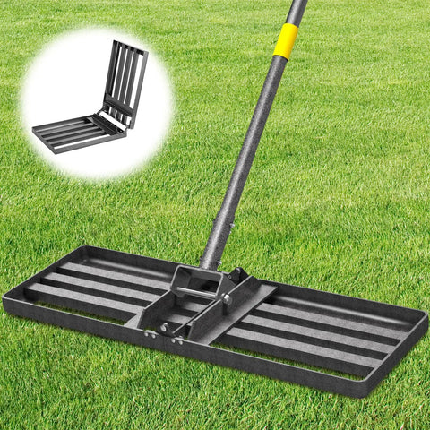 Heavy Duty Lawn Leveling Rake 30x10 Inch With 6.2 Foot Handle on grass, ideal yard leveler for soil, sand, and topsoil