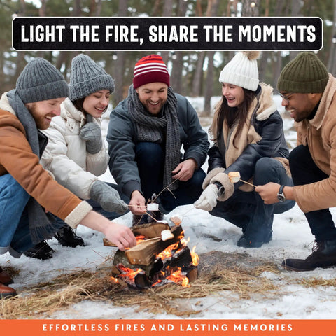 Group enjoying campfire with Fatwood Fire Starter Sticks 10lb Box For Campfires And BBQs, outdoor scene in winter setting