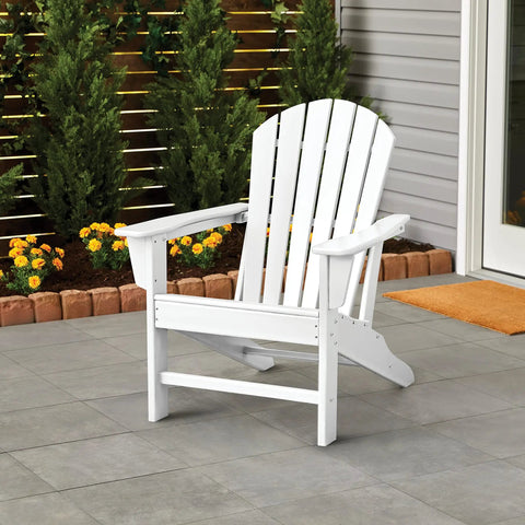 Heavy Duty Brush On Protective Enamel Paint In Gloss White used on a white Adirondack chair outdoors, providing rust protection.