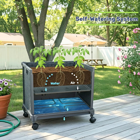 Raised Garden Bed Tomato Planter Box With Trellis Self Watering 4.1 Gallon Pot 31.65 Inch Trellis Easy Move Wheels Climbing Plants Vegetables Patio Indoor Outdoor Garden Solution