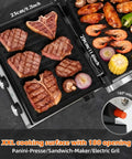 KEINVE 1700W Panini Press Grinder With Adjustable Temp And Time Controls For Perfect Melts Great Non Stick Coating, grilling steaks and shrimp.