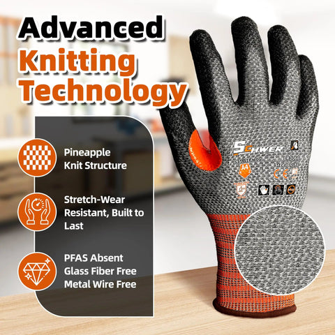 Image of cut-resistant work glove with PU coating, featuring advanced knitting technology, reinforced thumb, and non-slip grip.