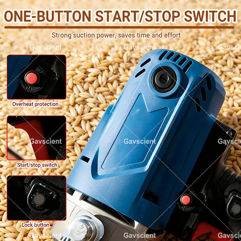 Heavy Duty Workhorse Industrial Screw Conveyor Machine showing start/stop switch, blue casing, and grains in background.