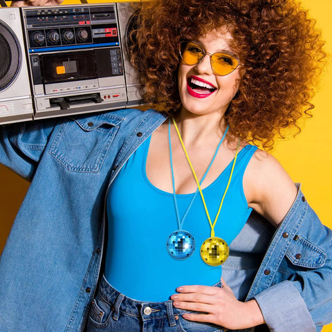 Person wearing Disco Ball Necklaces 42 Pcs Multicolor Party Chain Set for 70s Disco Theme Halloween Christmas home decor with boombox